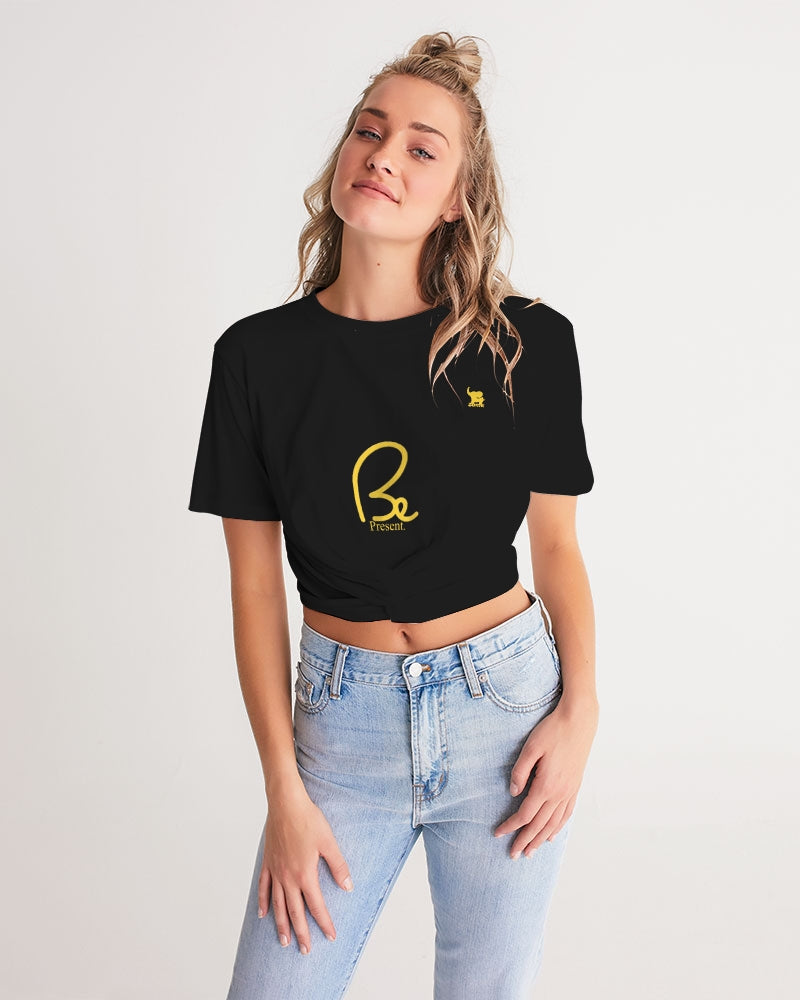 ZUMK Plain Black Women's Twist-Front Cropped Tee