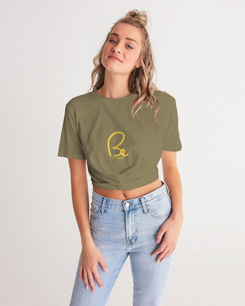Zumk Women's Olive Twist-Front Cropped Tee